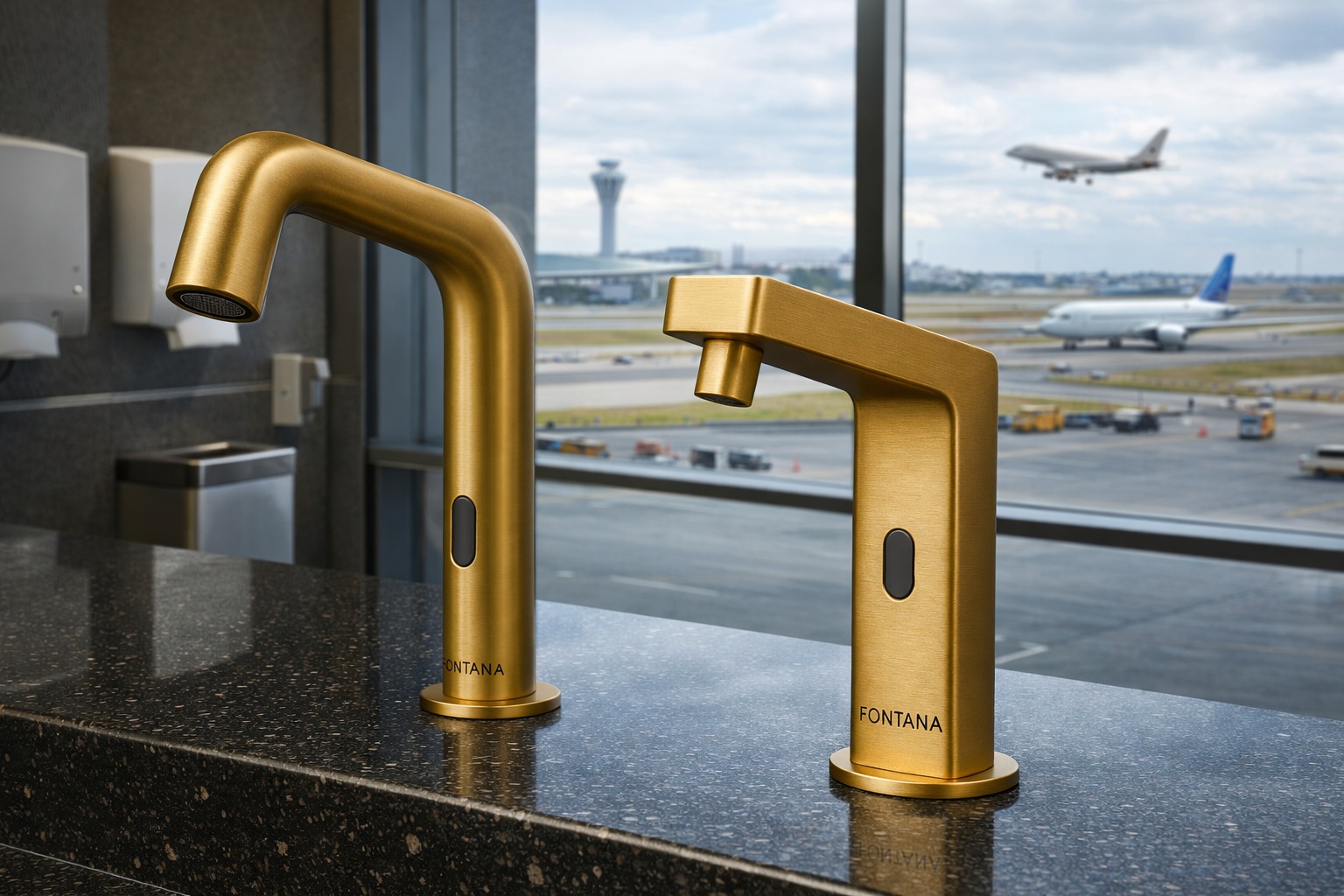 Airport terminal restroom with commercial touchless faucets